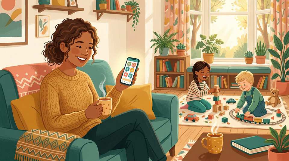 A parent relaxing on a sofa discovering family activities on their phone with DoNext