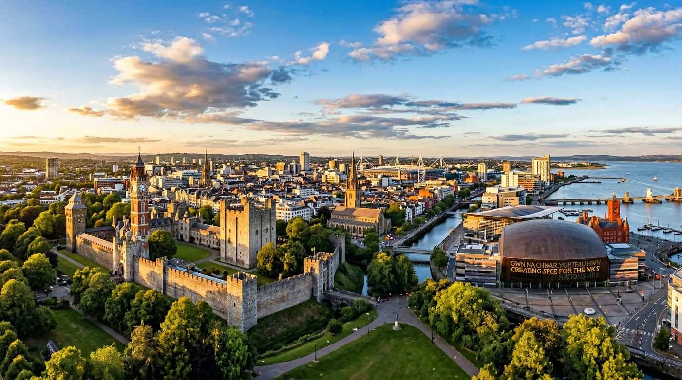 Cardiff cityscape panorama showing the castle and bay — your DoNext playground